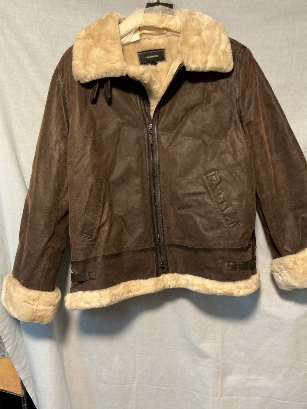 Colebrook Brown Leather Sherpa Fur Aviator Bomber Coat Jacket Women’s XL